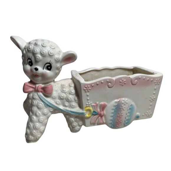 Lamb Pulling Wagon Planter E3304 Japan 50’s Vintage Ceramic - Picture 1 of 4